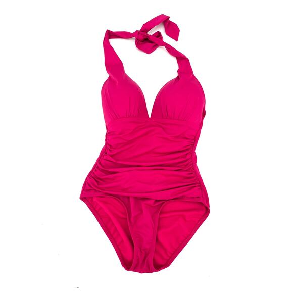 RALPH LAUREN Pink Tummy Control V Neck Halter One Piece Swimsuit Sz 0 - Picture 2 of 4